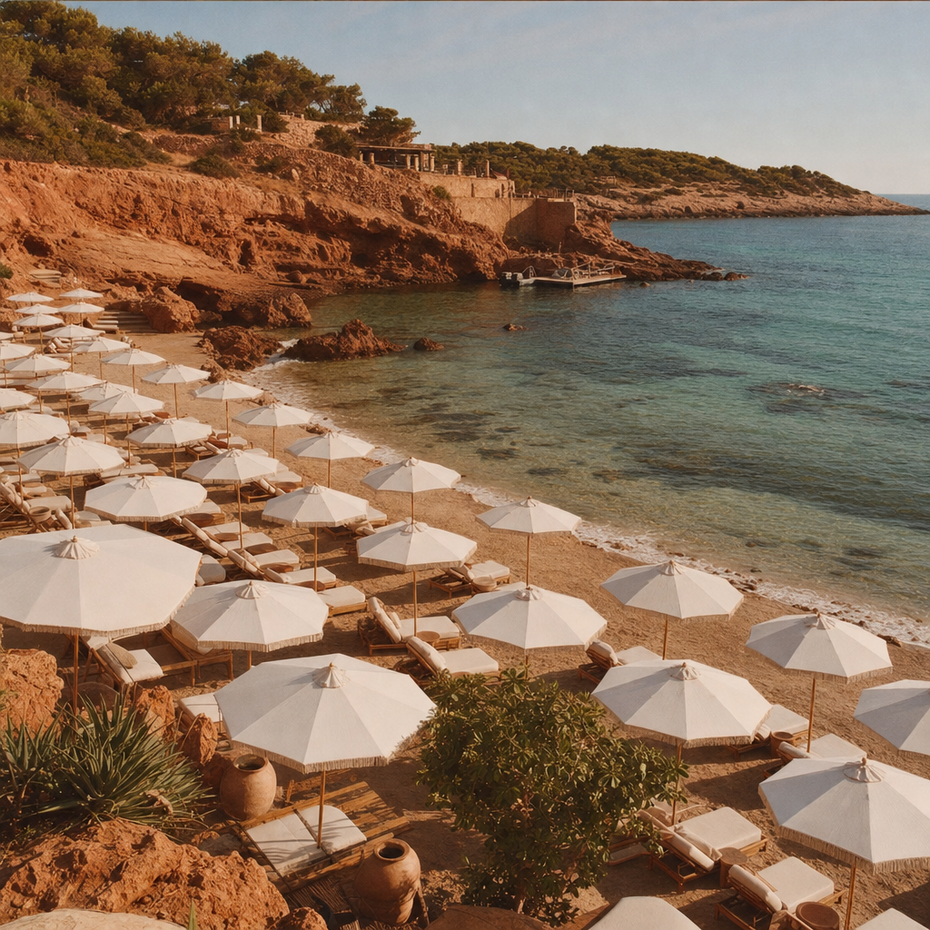 Tumbonas de lujo y parasoles en el beach club Alma Beach en Ibiza