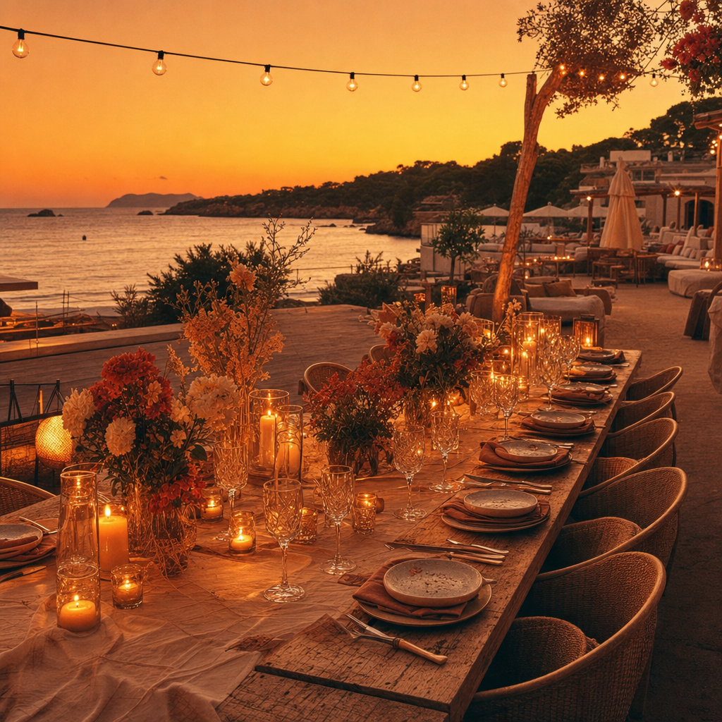Evento al atardecer en Alma Beach Ibiza con el Mediterráneo de fondo