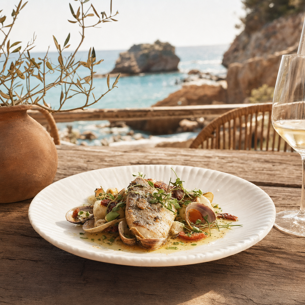 Plato mediterráneo en el restaurante Alma Beach Ibiza con vistas al mar