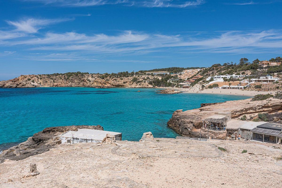 Cala Tarida bay seen from the rocks above