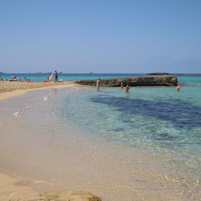 Shallow clear water and pale sand at Cala Comte