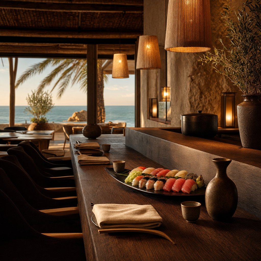 Interior del restaurante japonés Mr. Ito en Alma Beach Ibiza con decoración elegante y oscura
