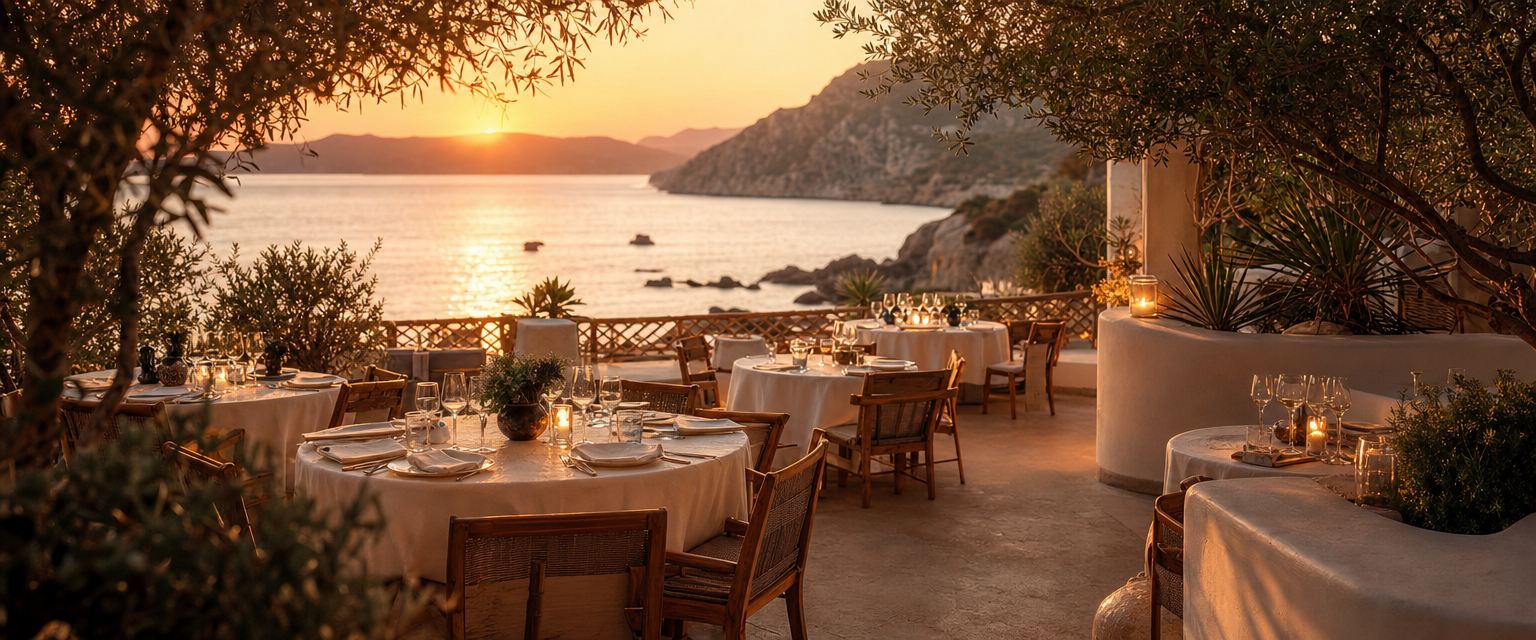 Terraza exterior del restaurante Alma Beach en Ibiza con iluminación cálida y vistas al Mediterráneo